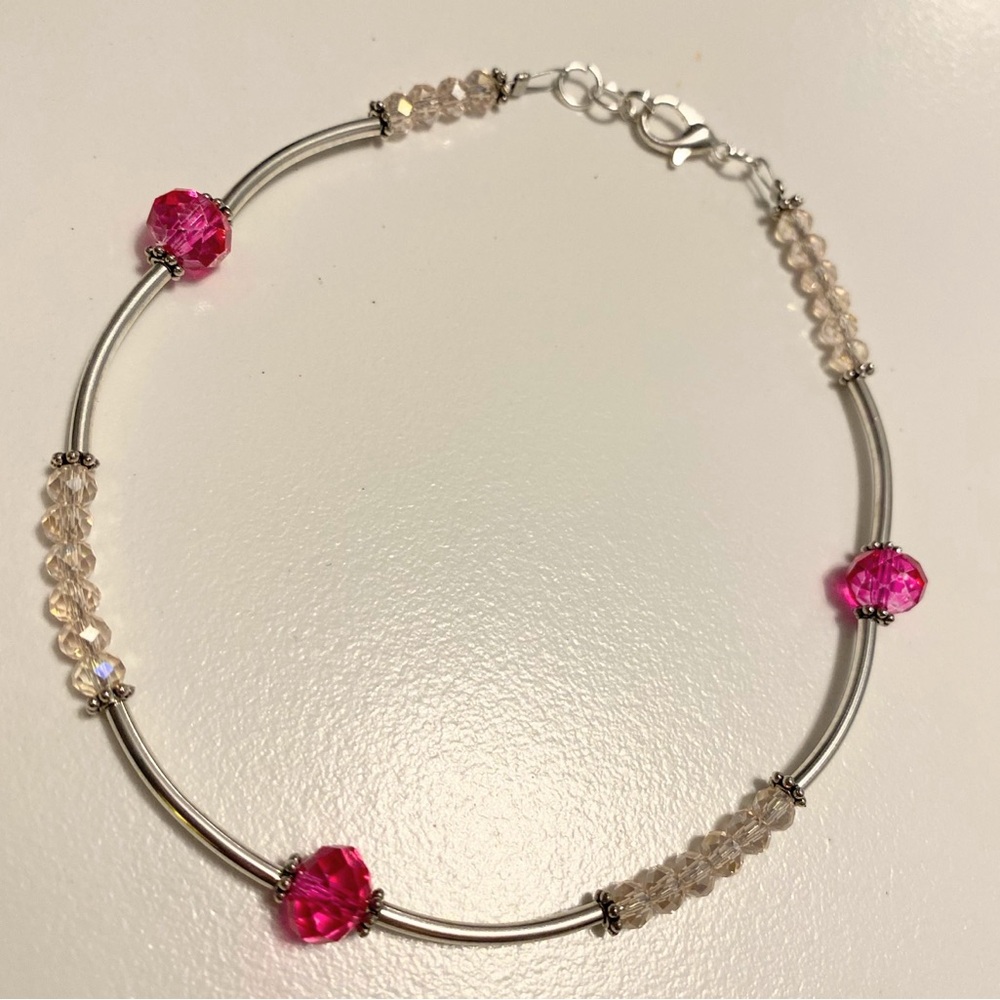 Handmade Pink Crystal Accent Silver Ankle Bracelet